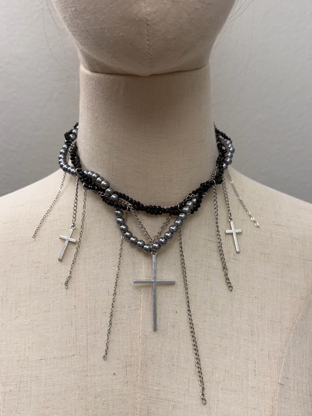 Layered Gothic Cross Choker Necklace Black Crystal Gray Pearl Multi Strand